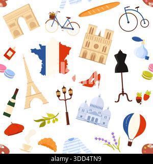 French culture symbols including Eiffel Tower, baguette, wine, fashion, and landmarks arranged in a seamless pattern, ideal for travel and Paris themes vector illustration Stock Vector