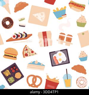 Colorful seamless pattern featuring various food delivery items like pizza, burgers, sushi, desserts, and drinks, isolated on white background vector illustration Stock Vector