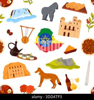 Traditional Ethiopian food, wildlife, landmarks, coffee, and national symbols arranged in a seamless pattern, highlighting Ethiopia rich culture and heritage, isolated on white background vector illustration Stock Vector