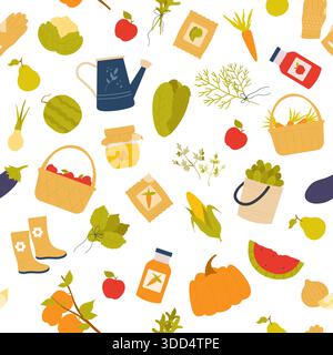 Colorful seamless pattern featuring local farm produce, vegetables, fruits, gardening tools, and baskets, ideal for organic food and agriculture themes, isolated on white background vector illustration Stock Vector