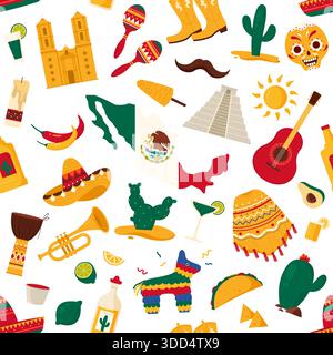 Mexican culture icons including sombrero, cactus, maracas, guitar, flag, food, and traditional elements arranged in a seamless festive pattern isolated on white background vector illustration Stock Vector