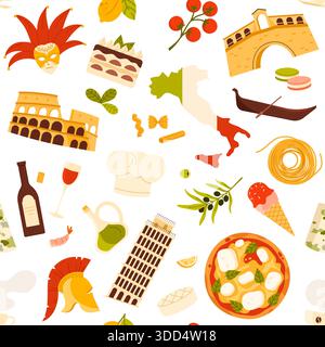Italian cuisine, landmarks, and cultural icons arranged in a seamless pattern, featuring pizza, pasta, wine, monuments, and traditional symbols, isolated on white background vector illustration Stock Vector