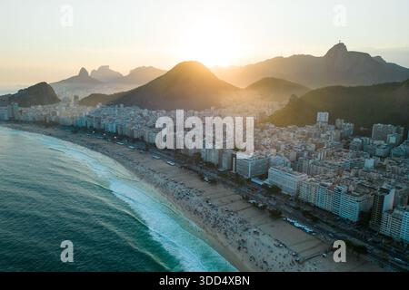 Copacabana Beach in Rio de Janeiro Aerial View on Sunset Stock Photo