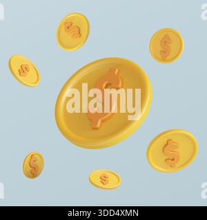 Golden dollar coins floating against a light blue background. Representing wealth, investment, currency, and prosperity Stock Photo