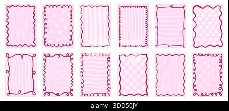 Cute curvy doodle vector frames and borders on pink background with polka dots and stripes patterns, Rectangle shapes with wavy squiggly lines in coqu Stock Vector