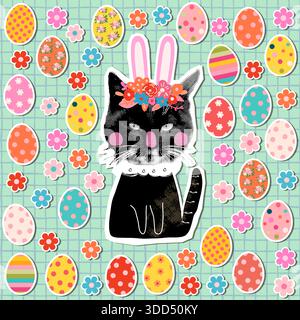 Easter greeting card with black kitty halftone collage with bunny ears and colorful Easter eggs and flowers on green background Stock Vector