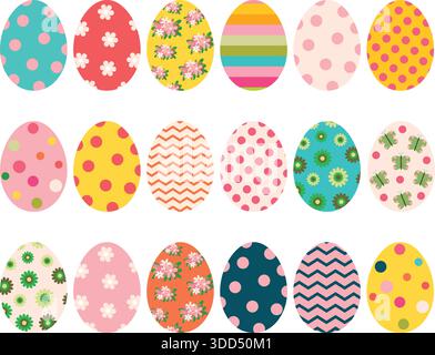 Colorful Easter eggs with flowers, dots and patterns for greeting cards, and egg hunt designs Stock Vector