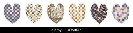 Abstract Groovy Vector Hearts. Psychedelic Distorted Vector Design Elements in Retro Style, Brown, Green and Beige Boho Colors. Stock Vector
