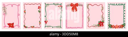 Wavy vector frames with Christmas foliage and flowers, pink red and green romantic borders for holiday invitations and cards Stock Vector