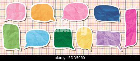 Colorful vector crumpled paper comic speech bubbles, cute empty text box stickers for children designs Stock Vector