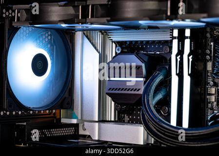 The inside of a modern computer assembled in 2025, showing DDR5 memory and other components. Stock Photo