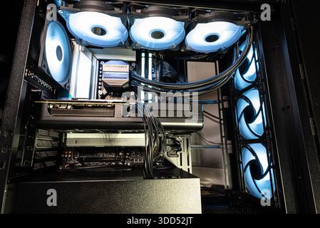 The inside of a modern computer assembled in 2025, showing DDR5 memory and other components. Stock Photo
