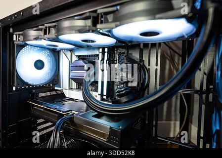 The inside of a modern computer assembled in 2025, showing DDR5 memory and other components. Stock Photo