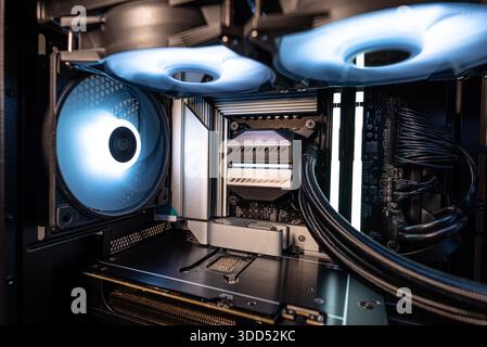 The inside of a modern computer assembled in 2025, showing DDR5 memory and other components. Stock Photo