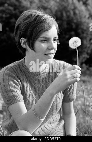 Sixties, 26.05.1969, people, women, girl 17 to 20 years, photo shooting outside, medium close-up, short hair, sweater, Monika holds a blowball in her hand which means dandelion seed head, Germany Stock Photo
