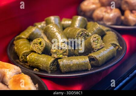 Traditional Turkish desserts and pastries on luxury hotel buffet close ...
