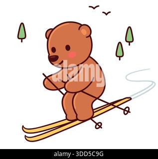 Cute cartoon skiing bear drawing. Funny winter sports character, simple hand drawn vector illustration. Stock Vector
