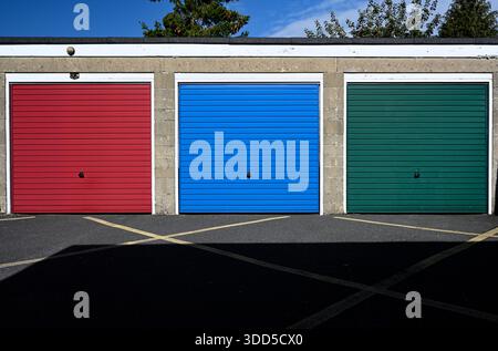 Coloured Garage doors in Frome, Somerset Stock Photo