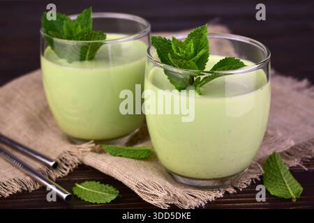 Mint milkshake on a dark wooden table. Foreground. Stock Photo