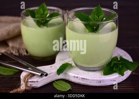 Mint milkshake on a dark wooden table. Foreground. Stock Photo