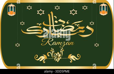 Festive Islamic greeting design featuring intricate Arabic calligraphy and traditional golden ornaments on a rich green backdrop, celebrating spiritua Stock Vector
