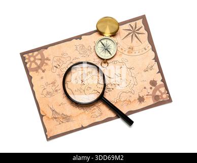 Modern compass, magnifying glass and vintage world map isolated on white background Stock Photo