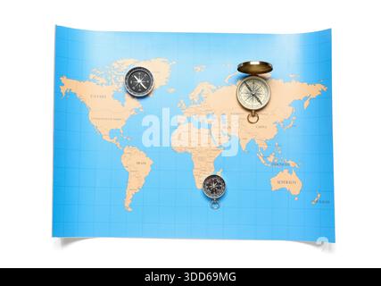 Different modern compasses and world map isolated on white background Stock Photo