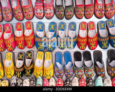 Colorful leather slippers decorated with berber patterns, Morocco Stock Photo