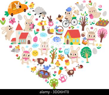 Vector Easter heart shaped frame with traditional symbols, bunny, chick, colored egg. Card template design for banners, invitations. Cute spring holid Stock Vector