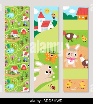 Cute Easter bookmarks set with bunny, church, rural farm landscape. Vector cartoon spring holiday vertical cards collection. Book mark print templates Stock Vector