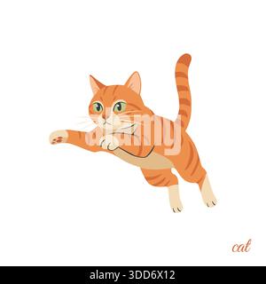 A playful orange tabby cat leaping through the air—paws extended forward, green eyes wide with excitement, and tail streaming behind in mid-jump adven Stock Vector