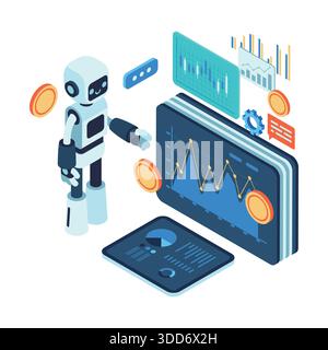 Isometric AI Robot Analyzing Financial Data and Cryptocurrency Charts. AI Agent in Financial Advisory Concept Stock Vector