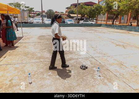 Girl assemble and test an educational robot using electronic parts Stock Photo