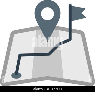 A folded map showing a marked route with a location pin and a finishing flag. Stock Vector