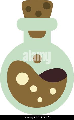 A round glass bottle with a cork stopper containing bubbling liquid. Stock Vector