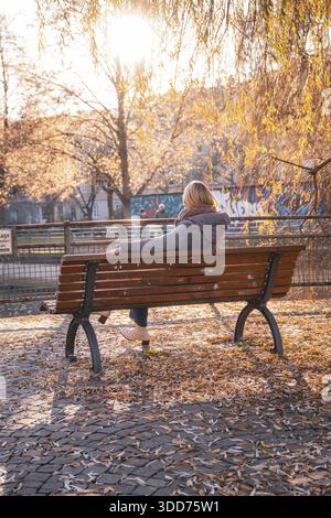 Woman sitting on park bench surrounded by autumn trees in sunlight, Stadtgarten Pforzheim, Germany Stock Photo