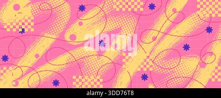 Grunge Pop Art Background with Yellow Brush Strokes, Red Scribbles and Halftone Pattern on a Pink Background. Hand drawn Memphis Background for Poster Stock Vector