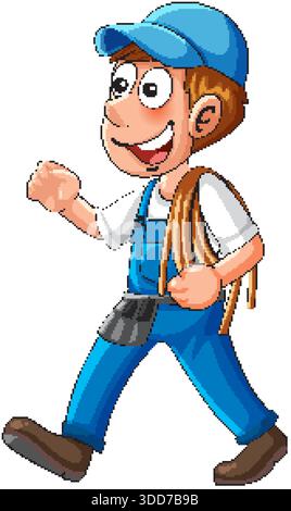 Cartoon electrician in blue overalls, carrying cable and tool belt, isolated on white background Stock Vector