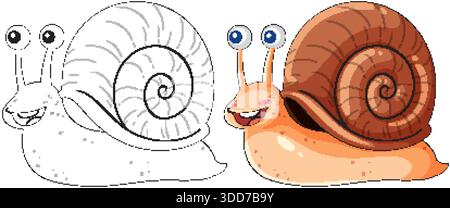 Cheerful cartoon snail. Black and white linear drawing. Vector Stock ...