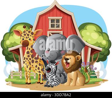 Giraffe, elephant, zebra, and lion illustrated in vibrant cartoon style before a barn background Stock Vector