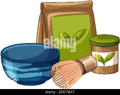 Vector illustration of matcha powder packaging, bamboo whisk, and blue ceramic bowl on white background Stock Vector
