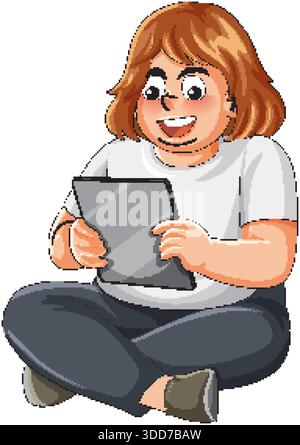Vector illustration of a smiling woman sitting cross-legged while interacting with a digital tablet Stock Vector