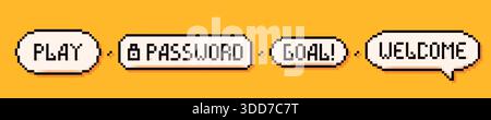 Pixel art 3 speech bubbles: play, password, goal and welcome words on yellow background. Stock Vector