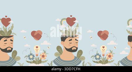 Mental Health Seamless Border. Man Heart with Rainbow, Flowers, Lightbulb on Light Blue Background. Horizontal Vector Illustration. Positive Mindset Stock Vector