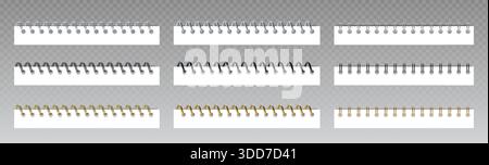 Collection of spiral binders for notebooks isolated on transparent background. Vector realistic illustration of metallic, golden, black rings on edge of paper notepad, calendar or sketchbook bind Stock Vector