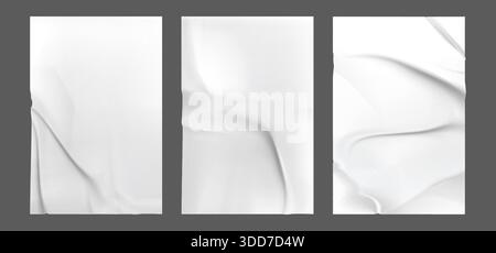 White creased sticker paper sheets with folded corners and wrinkled textures for poster mockup or presentation designs. Blank adhesive labels with shadows. Realistic street material templates set. Stock Vector