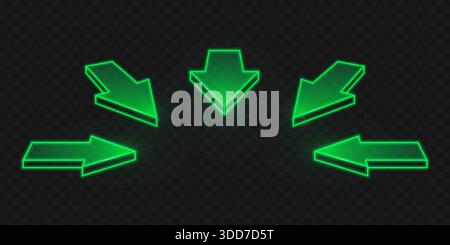 Neon green 3d arrows set isolated on transparent background. Vector realistic illustration of computer mouse cursor signs, color pointers for software or game user interface design, click button Stock Vector