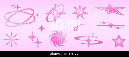 Y2k pixel star shape icon set with halftone gradients in pink on pastel background. Retro bitmap graphics - sparkles, orbital rings and burst decorative elements for nostalgic digital aesthetic Stock Vector