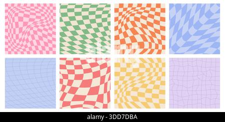 Groovy y2k checker pattern set with retro distorted grid backgrounds in pastel colors. Warped checkered textures and wavy geometric designs with trippy optical illusion effect for vintage posters. Stock Vector