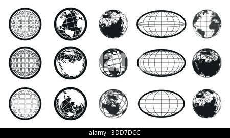 Y2k globe icon set with world maps in monochrome vector style. Earth planet symbols, distorted halftone spheres and geometric grid projections for retro logo design or navigation interfaces. Stock Vector